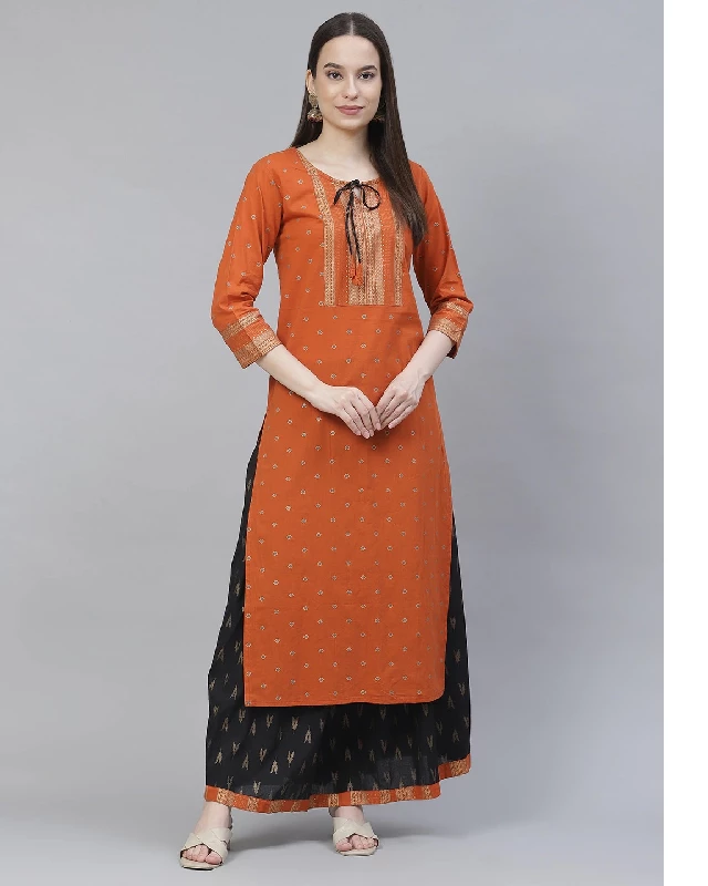 Traditional Function Wear Heavy Rayon Readymade Suit, Orange - Black-1.webp